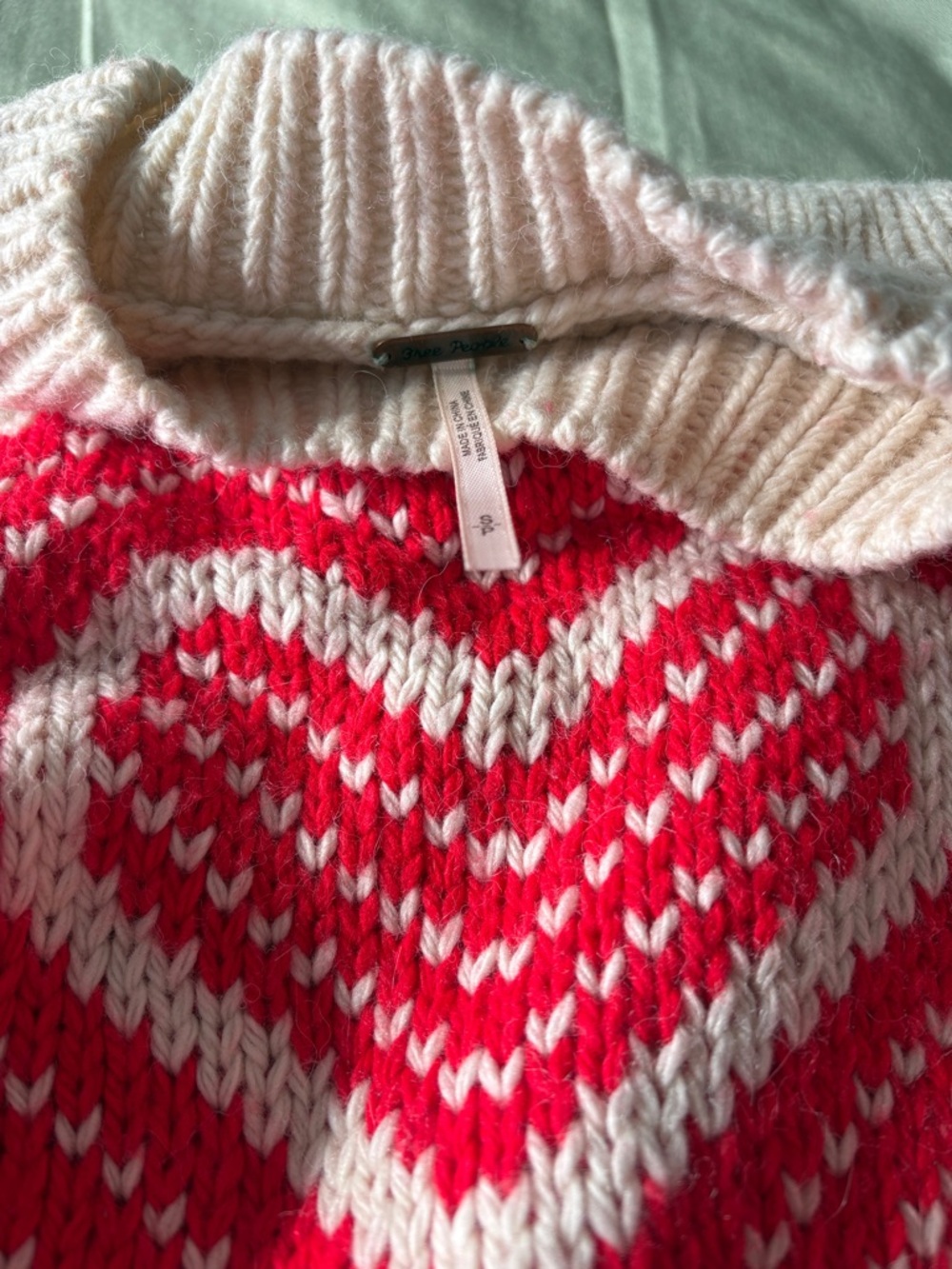 Free People Red and Cream Heart-Pattern Crewneck Sweater - Picture 2 of 2